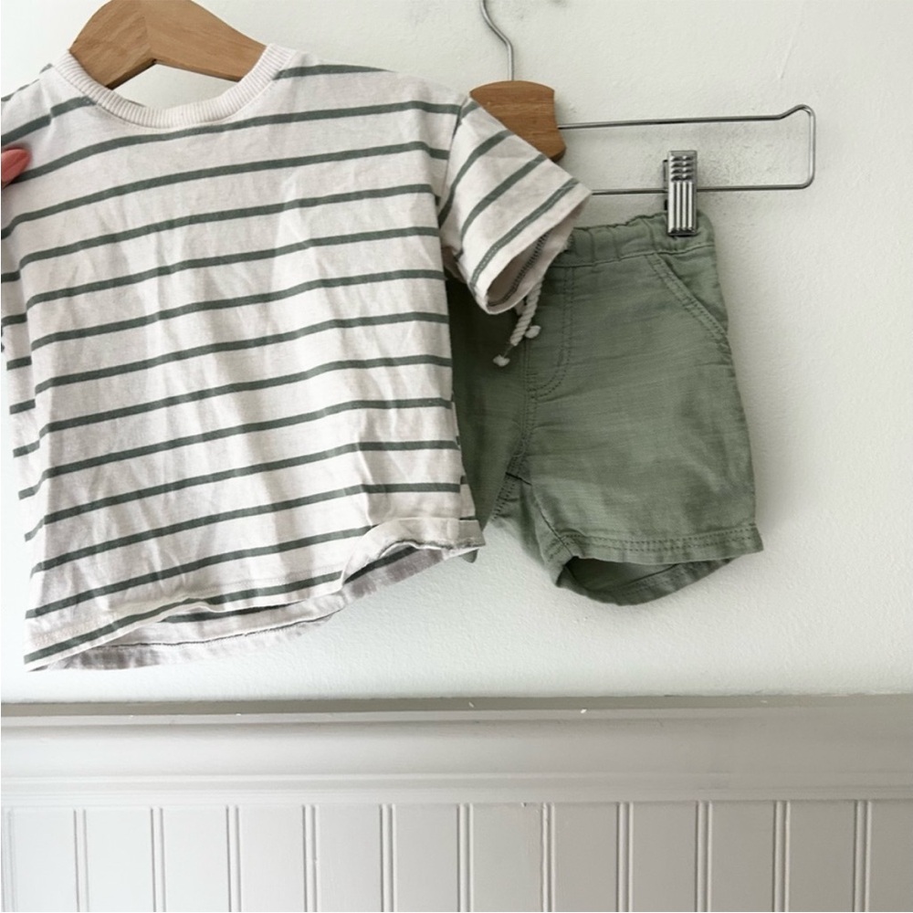 H&M Baby 12M Green Off White Striped Short Sleeve Shirt + Shorts Matching Set